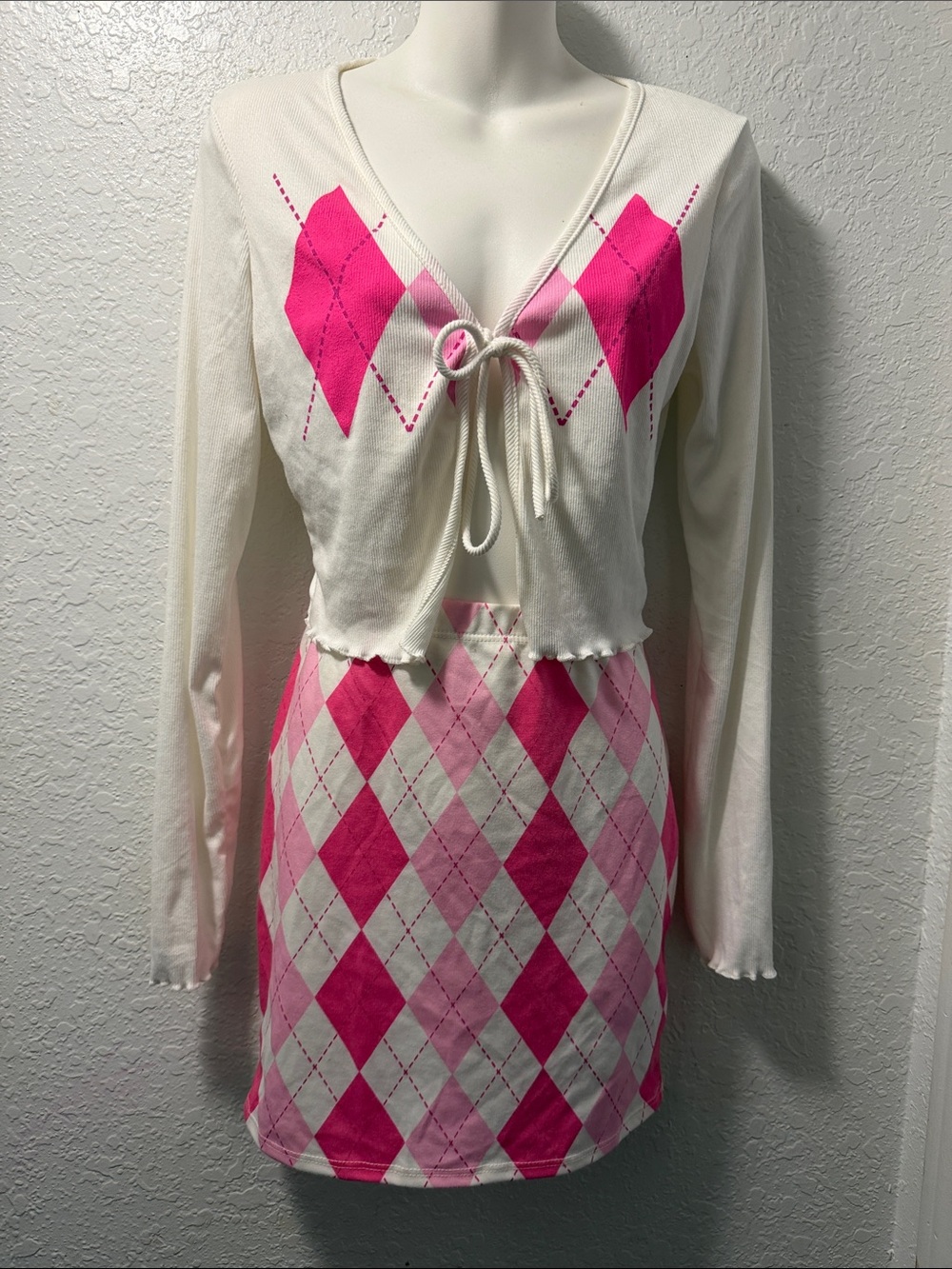 Fashion Nova Cream & Hot Pink Argyle Mini Skirt Set